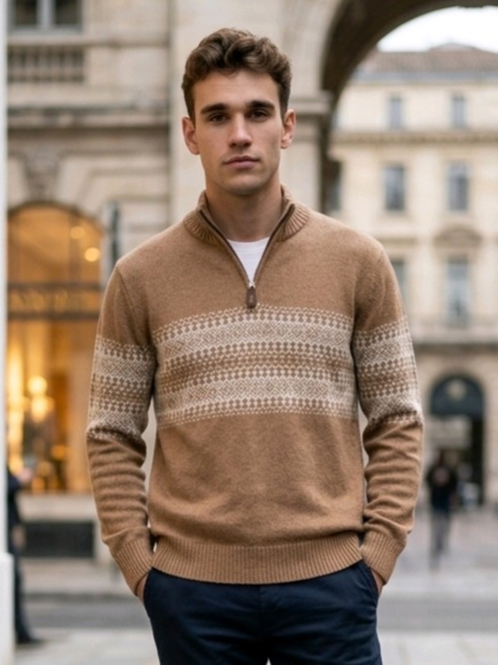 St. John's Bay Men's 1/4 Zip Beige Traditional Geometric Fair Isle Band XL EUC